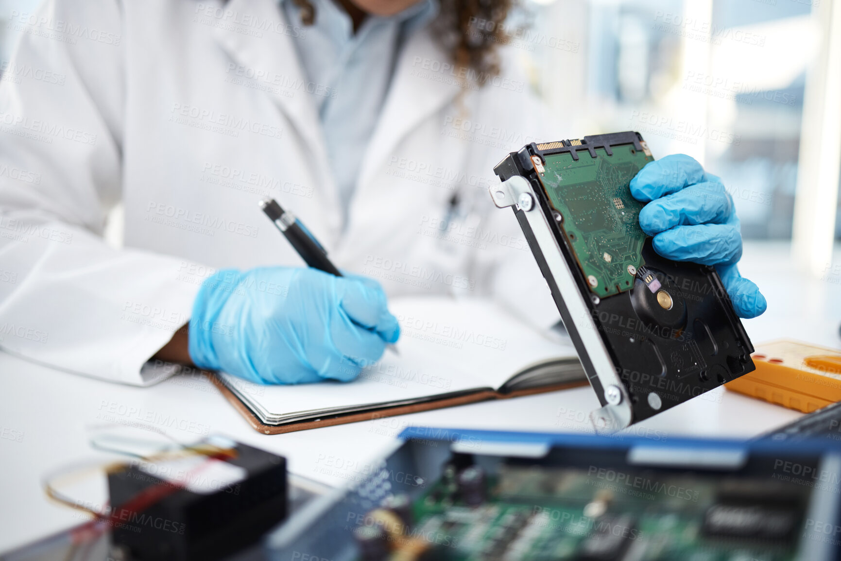 Buy stock photo Hands, technician and motherboard from computer, laptop or pc in cyber crime investigation, analysis and IT solution. Information technology engineer, book and lab for programming, writing and notes
