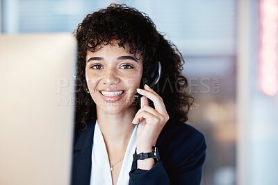 Buy stock photo Portrait, call center consultant and black woman working on lead generation on a office call. Customer service, web support and contact us employee with a smile from online consulting job and career