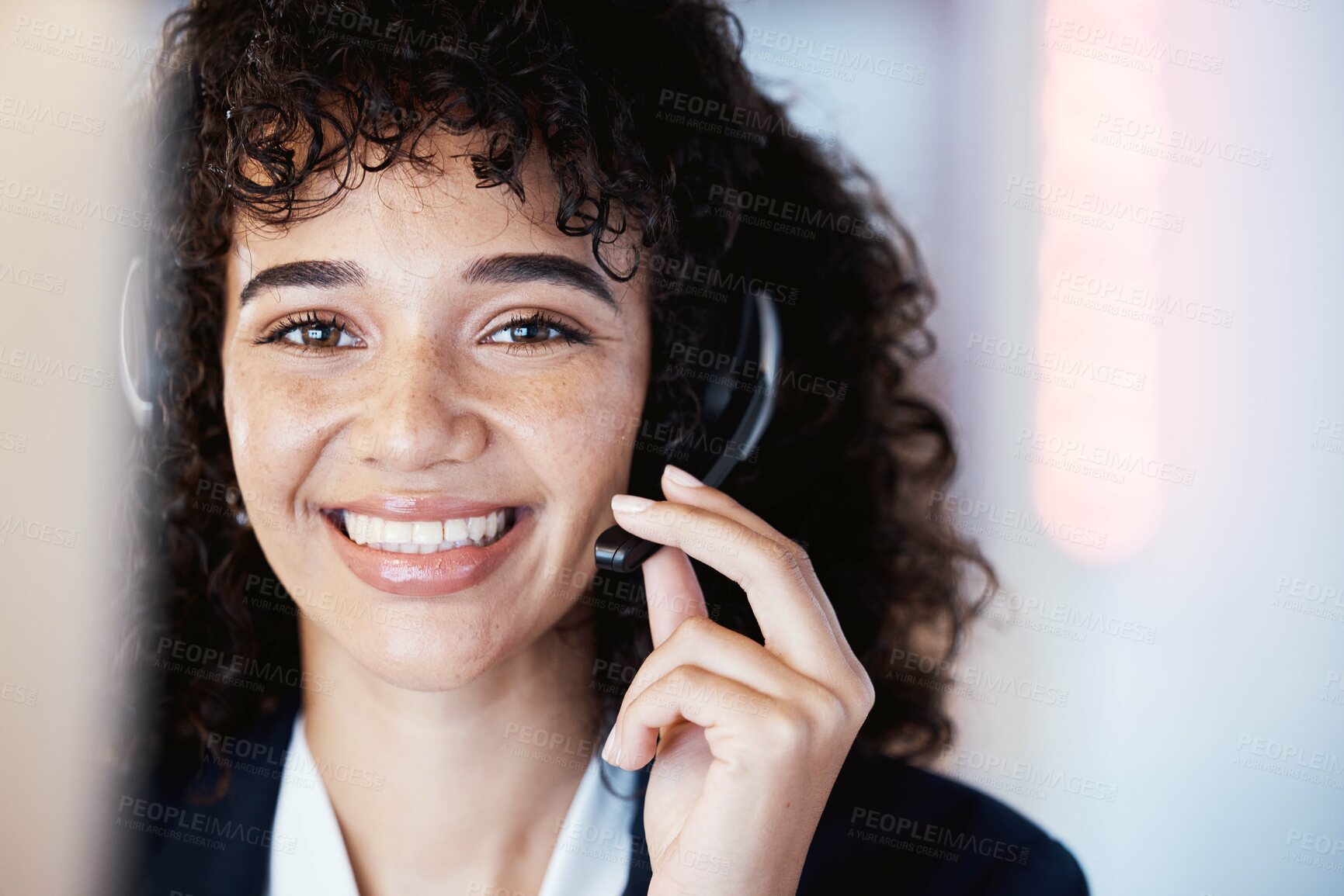 Buy stock photo Crm, portrait and black woman consultant of a call center worker on a office call. Customer service, telemarketing and contact us employee with a happy smile from sales and consulting agent job