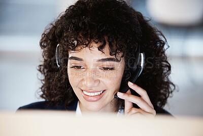 Buy stock photo Call center face, computer consulting and happy woman telemarketing on contact us CRM or telecom. Customer support communication, online e commerce and information technology consultant on microphone