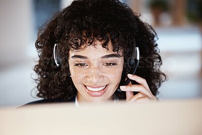 Buy stock photo Customer service face, computer consulting and happy woman telemarketing on contact us CRM or telecom. Call center communication, online e commerce and information technology consultant on microphone