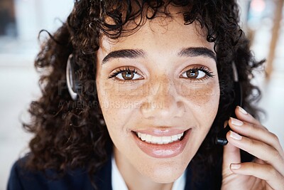 Buy stock photo Customer service consultant, face portrait and happy woman telemarketing on contact us CRM or telecom. Call center communication, online e commerce and information technology consulting on microphone