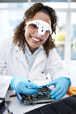 Buy stock photo Programming, computer hardware and portrait of black woman with electronic cpu, circuit and microchip. Technology maintenance, it repair and face of engineer smile fix code, motherboard and processor
