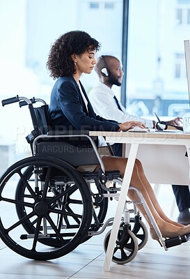 Buy stock photo Call center, disability consulting and wheelchair woman telemarketing on contact us CRM or e commerce telecom. Customer service, female and information technology consultant on online communication