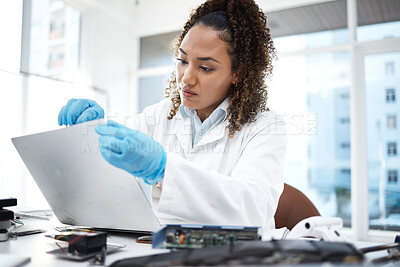 Buy stock photo Black woman, computer motherboard or system for technician in cyber crime investigation at laboratory. Information technology engineer, laptop or lab for programmer with data analysis for IT solution
