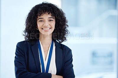 Buy stock photo Business woman, portrait and smile with vision and professional mindset, corporate goals with success. Face, happy in career and leadership mission with empowerment, mockup space and leader in Mexico