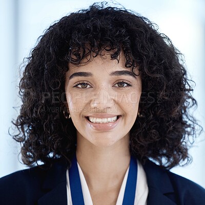 Buy stock photo Business woman, portrait and happy with success and professional headshot, corporate goals with vision. Face, smile with career and leadership mission with empowerment, mindset and management 