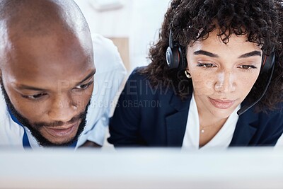 Buy stock photo Callcenter face, thinking or teamwork on computer for coaching, consulting or networking in office. CRM, learning or black man and woman on tech telemarketing, research or strategy support service