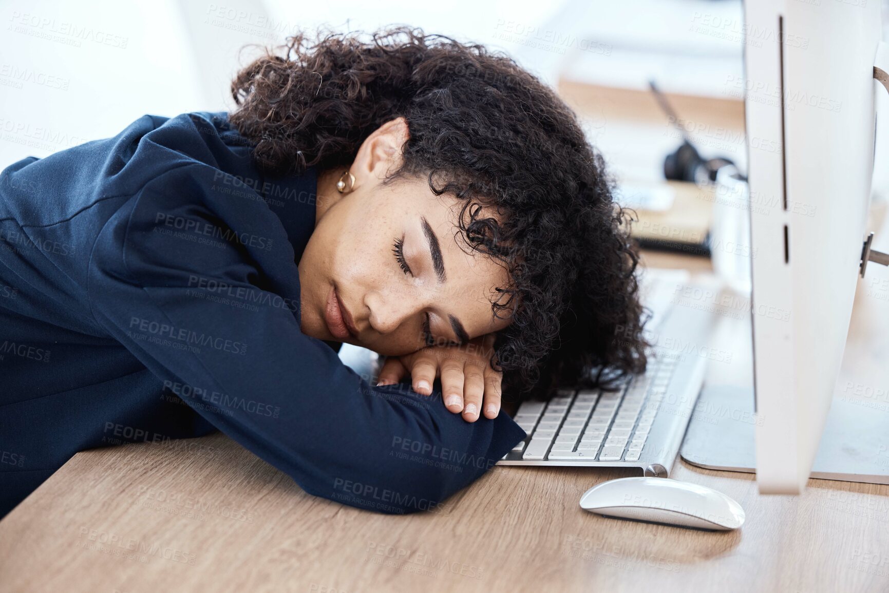 Buy stock photo Sleeping, office and business woman burnout from finance portfolio work, stock market database or investment budget. Fatigue, forex account manager or trader tired from NFT, bitcoin or crypto trading