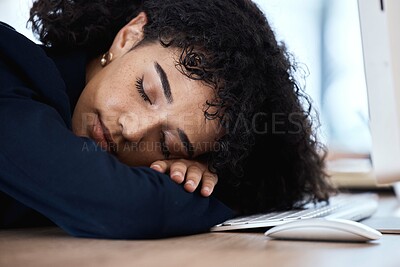 Buy stock photo Sleeping, face and business woman burnout from finance portfolio work, stock market database or investment budget. Office, forex account manager or trader tired from NFT, bitcoin or crypto trading