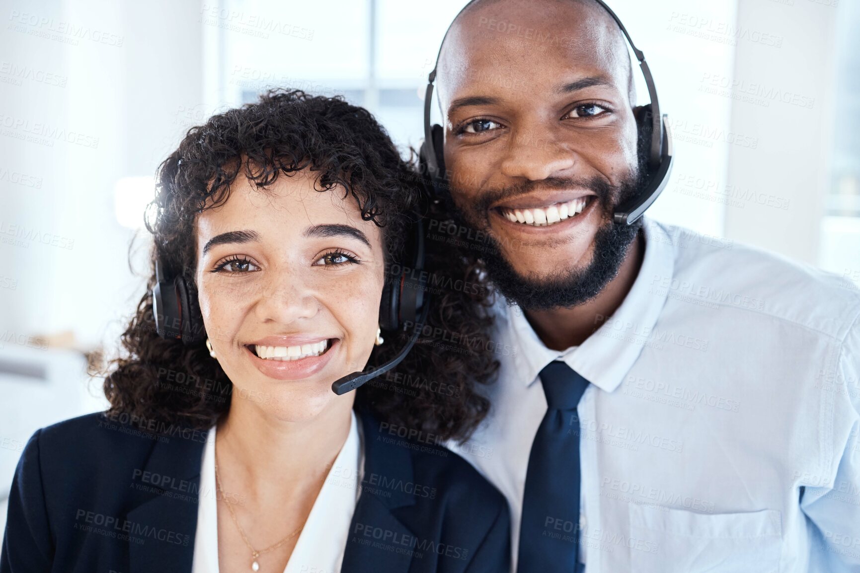 Buy stock photo Happy, portrait and customer service consultants in the office  working on a crm consultation online. Happiness, smile and interracial telemarketing colleagues taking a picture together in workplace.