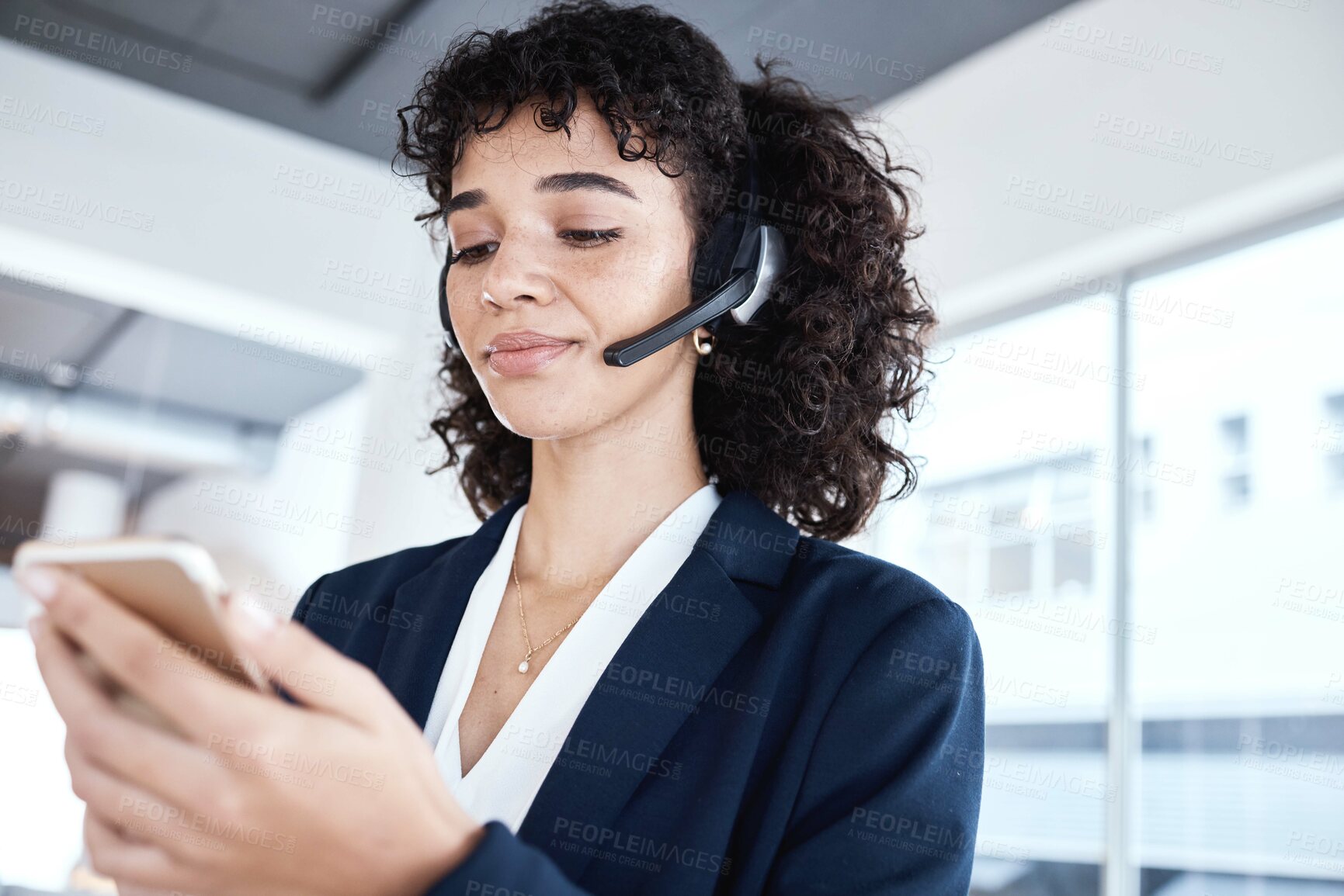 Buy stock photo Black woman, phone texting and call center for communication, email or typing on chat app. Girl networking, smartphone or reading on iot ux, planning or social media for start to morning in workplace