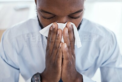 Buy stock photo Black man, tissue and blowing nose in the office with allergies, sickness and virus. Business employee, face and corporate worker sick with a cold or allergy sneeze in the workplace with fever