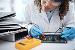 Computer hardware, diagnostic and black woman electrician working on electronic cpu, circuit and microchip. It maintenance, programming and female engineer repair coding, motherboard and processor