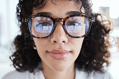 Buy stock photo Portrait, therapist and face of woman with glasses, spectacles or eyewear feeling calm and focused. Head, vision and closeup of employee or worker looking serious with eyesight in an office