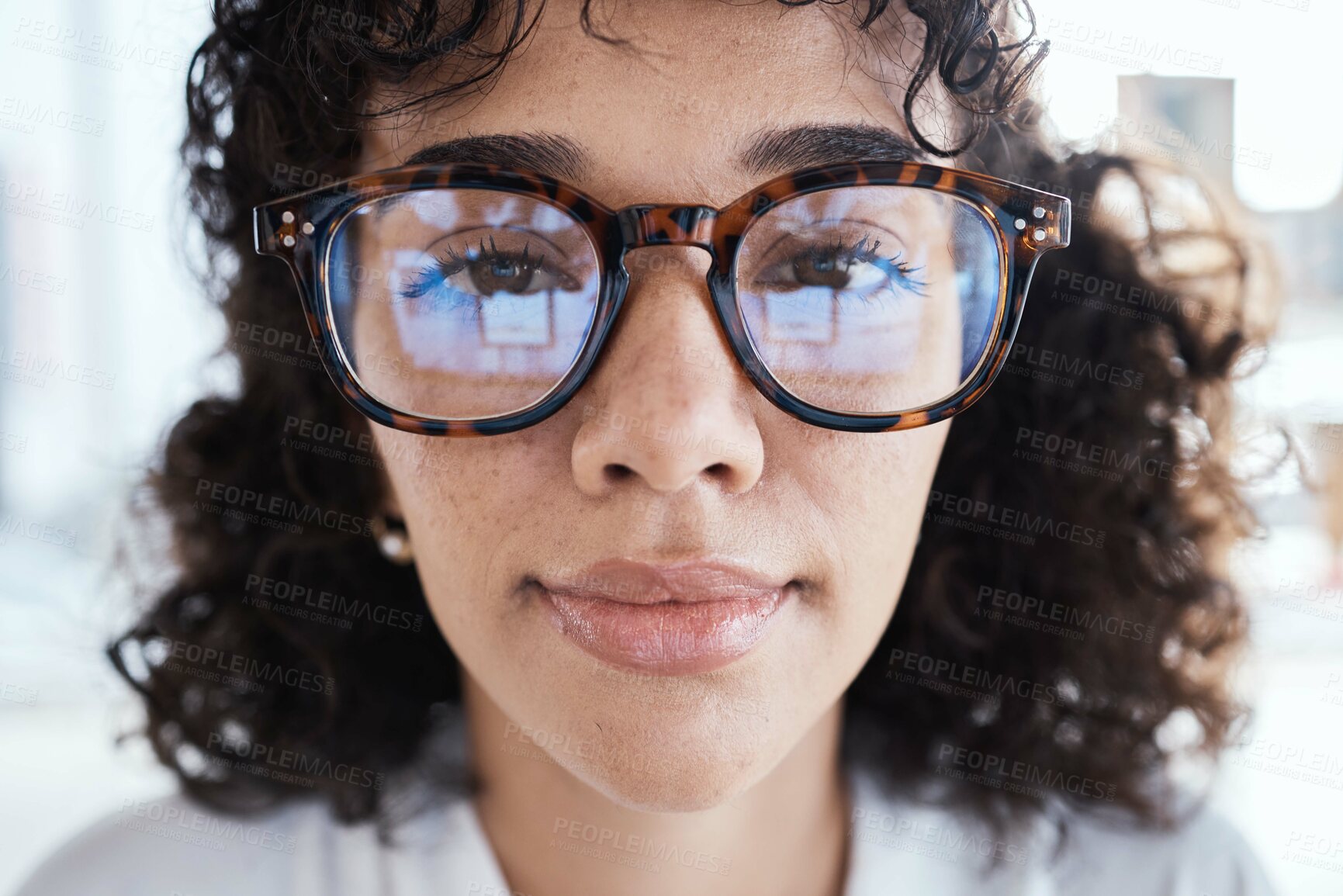 Buy stock photo Portrait, therapist and face of woman with glasses, spectacles or eyewear feeling calm and focused. Head, vision and closeup of employee or worker looking serious with eyesight in an office
