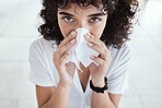 Black woman, tissue and nose in home for portrait with allergies, care and sneeze by blurred background. Gen z girl, toilet paper and sick with allergy, covid and closeup in house, apartment or room