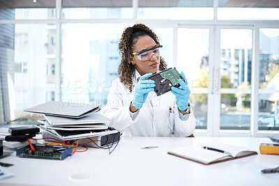Buy stock photo Computer hardware, programming and black woman electrician working on electronic cpu, circuit and microchip. Technology system, it repair and engineer for coding, motherboard and processor inspection