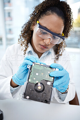 Buy stock photo Computer hardware, inspection and black woman electrician with electronic cpu, circuit and microchip. Technology maintenance, programming and female technician fix coding, motherboard and processor