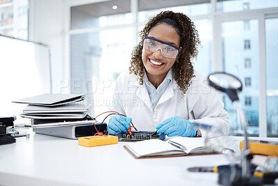 Buy stock photo Programming, hardware repair and portrait of black woman electrician on electronic cpu, circuit and microchip. It maintenance, computer system and engineer smile fix coding, motherboard and processor