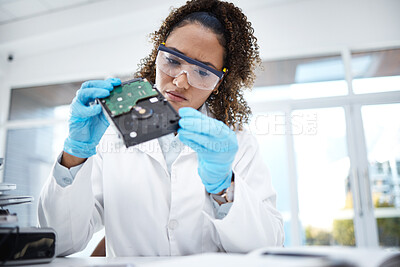 Buy stock photo Hardware inspection, computer and black woman electrician with electronic cpu, circuit and microchip. Technology maintenance, programming and female technician fix coding, motherboard and processor