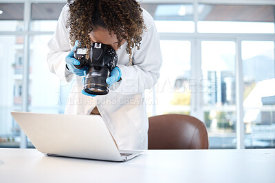 Buy stock photo Science investigation, camera and black woman with laptop in laboratory for forensic research with evidence. Photography, police and girl take picture for crime analysis, analytics and observation