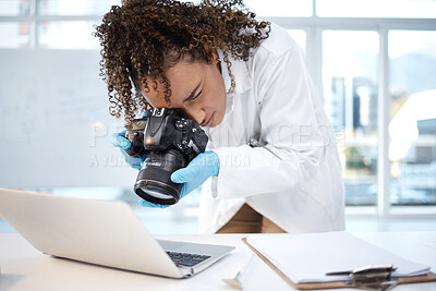Buy stock photo Medical investigation, camera and black woman with laptop in laboratory for forensic research with evidence. Photography, science and girl take picture for crime analysis, analytics and observation