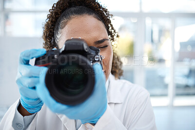 Buy stock photo Camera, medical and forensics with black woman in laboratory for investigation, crime scene and photography evidence. Research, analytics and observation with girl and digital pictures for science