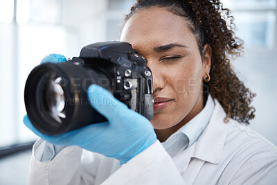 Buy stock photo Camera, photography and medical with black woman in forensics laboratory for investigation, crime scene and evidence. Research, analytics and observation with girl and digital pictures for science