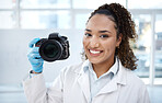 Camera, medical and portrait of black woman in forensics laboratory for investigation, crime scene and evidence.  Research, analytics and observation with girl and digital pictures for science