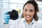 Camera, photography and portrait of black woman in forensics laboratory for investigation, crime scene and evidence.  Research, analytics and observation with girl and digital pictures for science