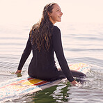 Surfing, smile and woman in waves, water and ocean for summer adventure, freedom and happiness in Australia. Happy female surfer, board and swimming in sea, beach and relax on tropical holiday travel