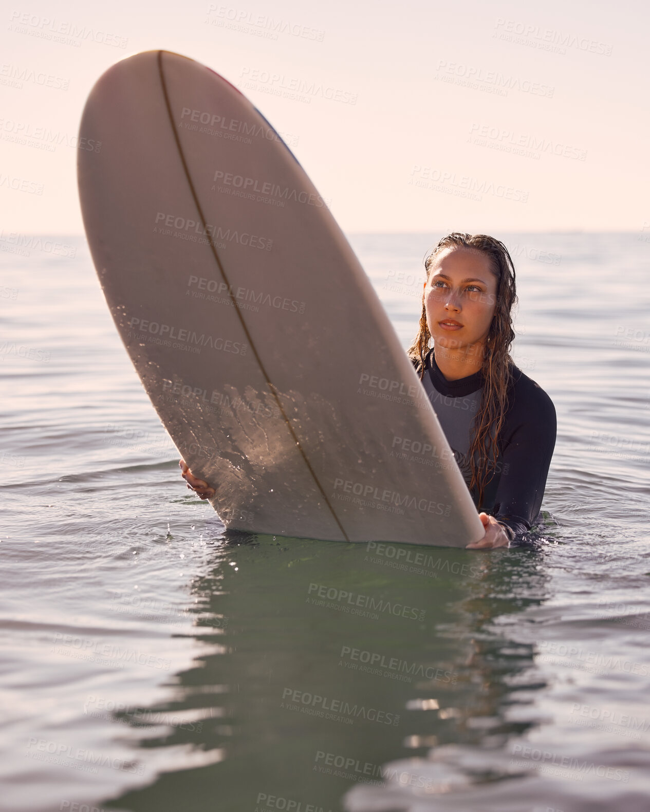 Buy stock photo Surfer, woman and swimming in water, sea and ocean for summer adventure, freedom and vacation. Female surfing on board in waves, beach and relax for tropical holiday, nature travel and island sports