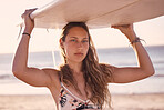 Woman surfer holding board on head at beach for summer, freedom and peace in Australia. Portrait, female and surfing at sea, sunshine and relax for adventure, bikini holiday or tropical island travel