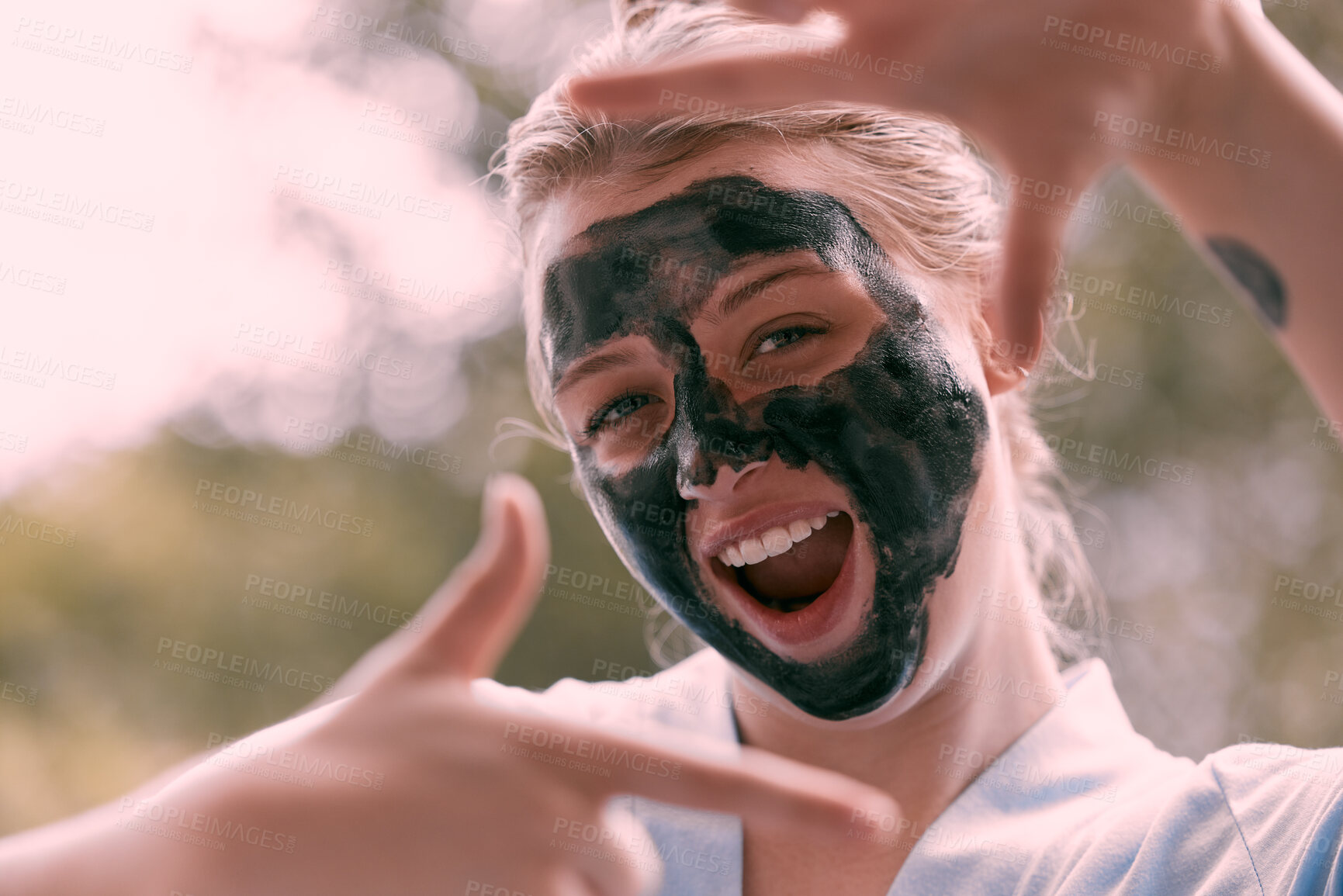 Buy stock photo Face mask, finger frame and portrait of a woman with a self care, natural and beauty morning routine. Happy, smile and female with a picture hand gesture doing a charcoal skincare facial treatment.