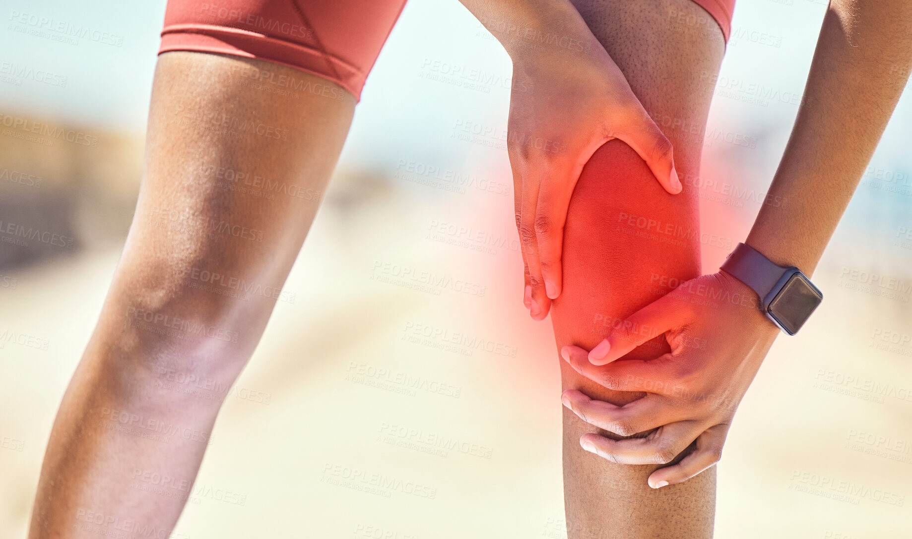 Buy stock photo Knee pain, hands and black woman runner by the sea with fitness, training and running injury. Leg massage, hand zoom and athlete with joint, muscle and inflammation problem with blurred background