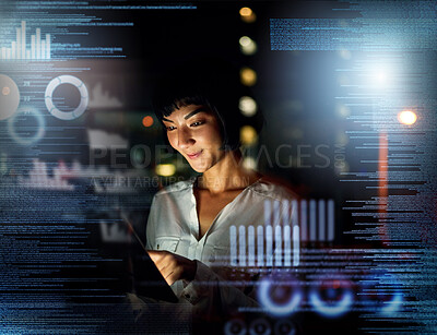 Buy stock photo Overlay, analytics and information technology with a woman programmer working in a dark office for cyber security. Data, software or 3d with a female employee using a ux interface for finance trading