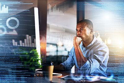 Buy stock photo Thinking, futuristic and black man on computer with double exposure for finance, fintech and data analysis. Digital transformation, software overlay and male with financial analytics on 3d screen
