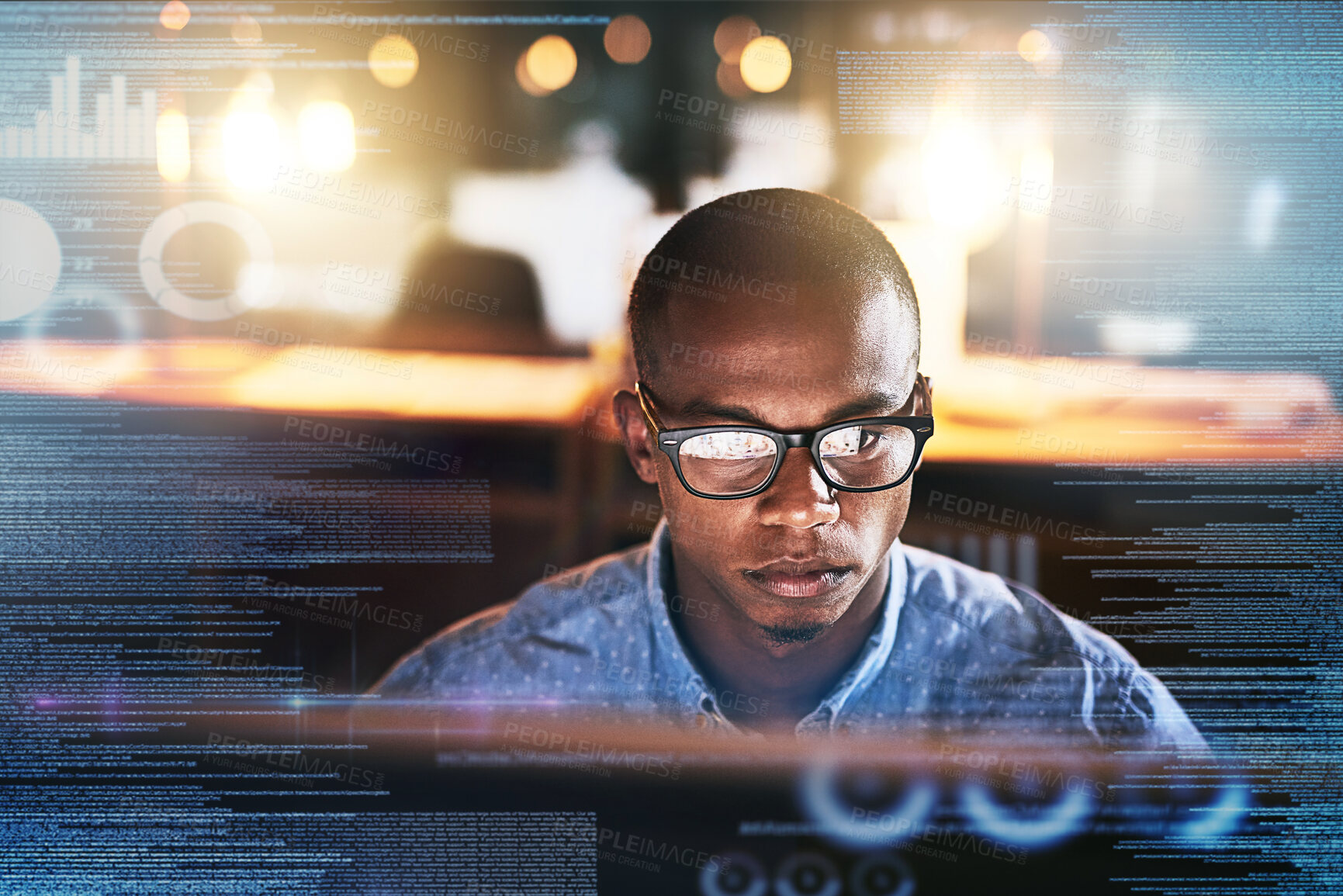 Buy stock photo Software overlay, futuristic and black man on computer for online finance, fintech and data analysis. Digital transformation, double exposure and businessman for financial analytics on 3d screen