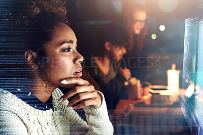 Buy stock photo Thinking, futuristic overlay and black woman on computer for online finance, fintech and data analysis. Digital transformation, software overlay and face of girl for financial analytics on 3d screen