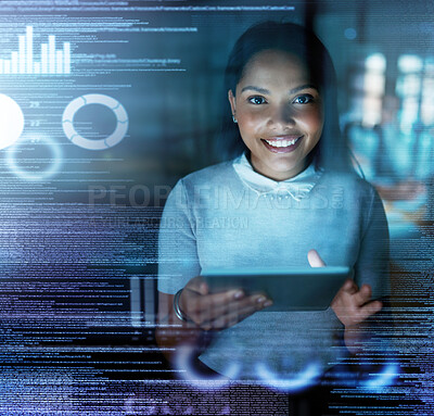 Buy stock photo Futuristic overlay, tablet and portrait of woman with smile for website, data analysis and networking. Digital transformation, fintech and girl with tech user interface, cyber hologram and 3d screen