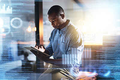 Buy stock photo Overlay, futuristic research and black man with tablet for website, data analysis and networking in office. Digital transformation, innovation and male with technology, cyber hologram and web design