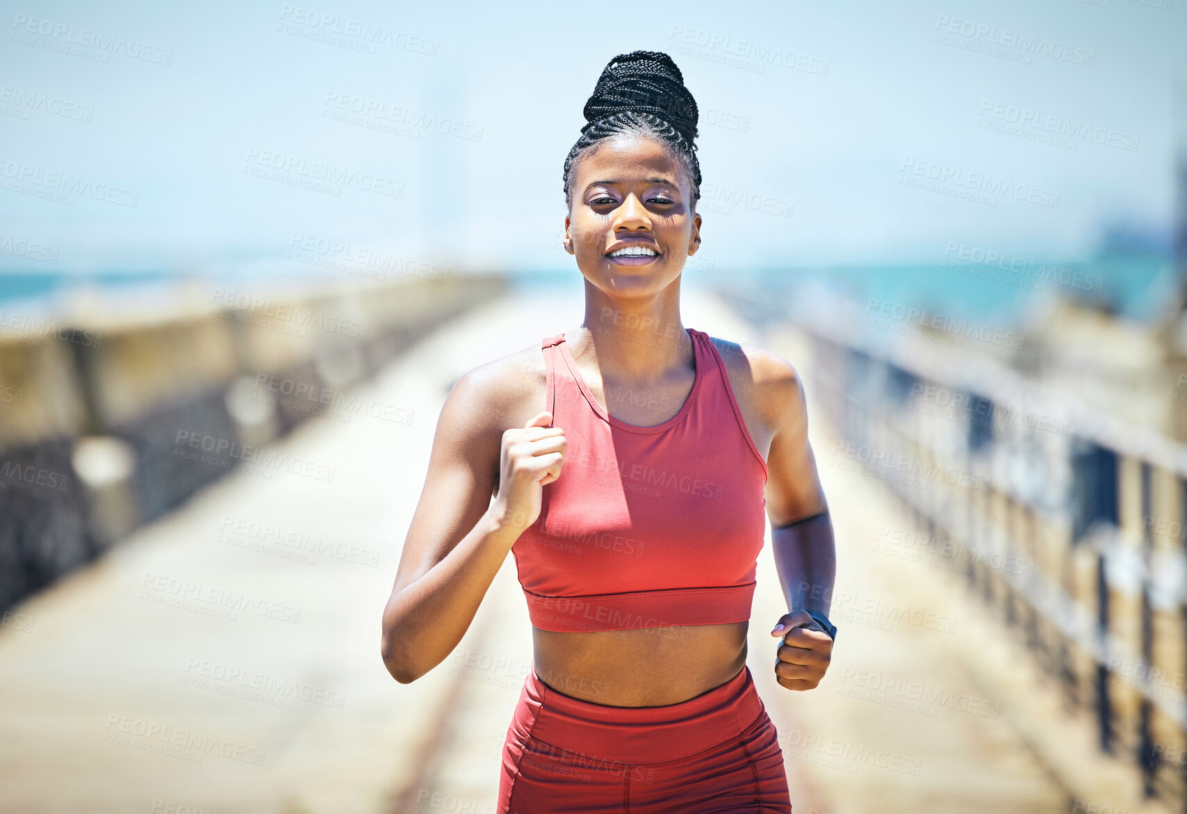 Buy stock photo Black woman, fitness and running with smile for exercise, cardio workout or training in the outdoors. Happy African American female runner smiling in run, exercising or marathon for healthy lifestyle