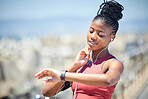 Tired runner, black woman and running with fatigue by the ocean