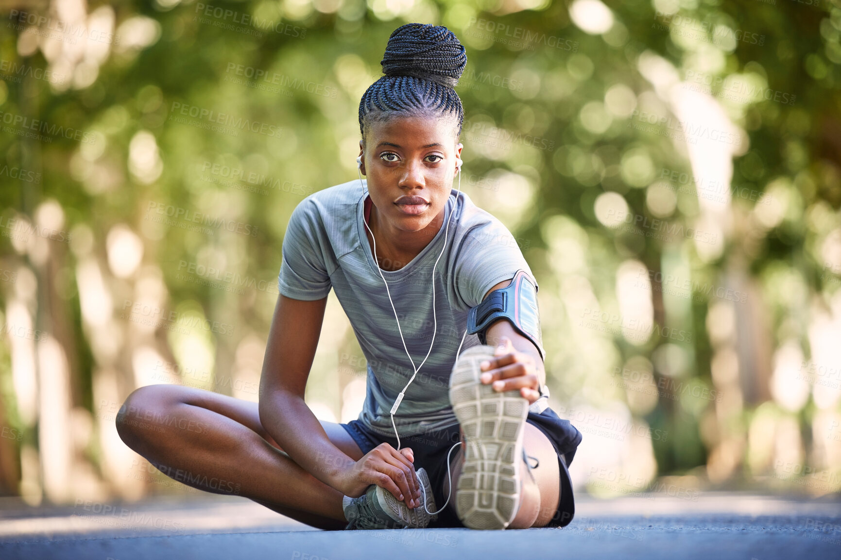 Buy stock photo Black woman, fitness and stretching legs for running, cardio exercise or workout preparation in nature. Portrait of African American female in warm up leg stretch ready for exercising run or training