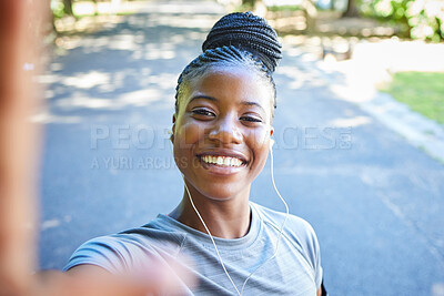 Buy stock photo Selfie, fitness and portrait of black woman in park with smile for exercise goals, running and marathon training. Sports, picture and face of happy girl for cardio workout, healthy body and wellness