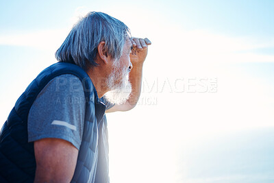 Buy stock photo Search, looking and mature man in nature for hiking, travel and holiday to relax on a blue sky. Environment, exercise and elderly Asian person searching on an adventure during a vacation with mockup