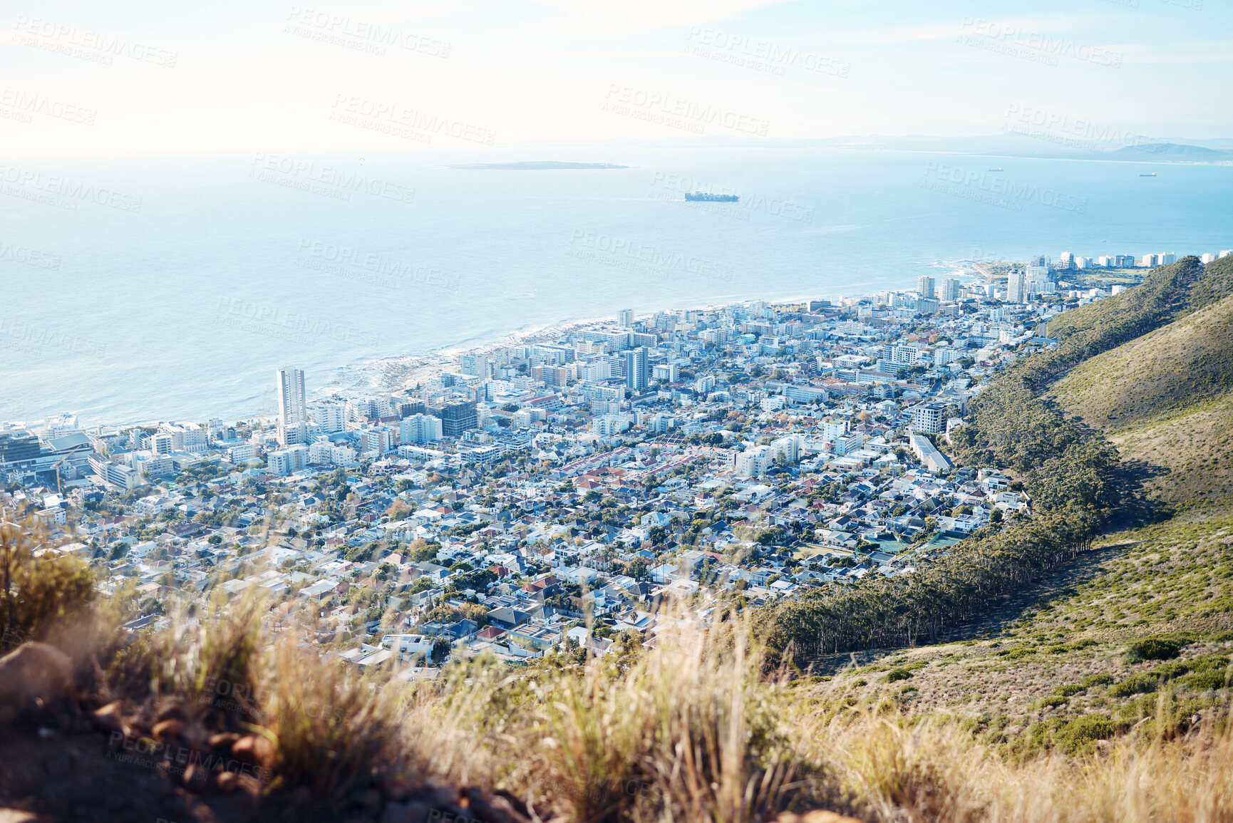 Buy stock photo City, ocean and view with a panoramic landscape of the sea on the coast of an urban town or development. Sky, background or scenic and water around a coastal panorama with buildings and nature