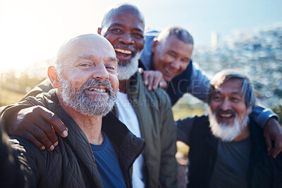 Buy stock photo Senior hiking, selfie and nature walk of elderly men smile together in retirement. Friends, trekking adventure and happiness of old people outdoor for health, wellness and fitness on a journey