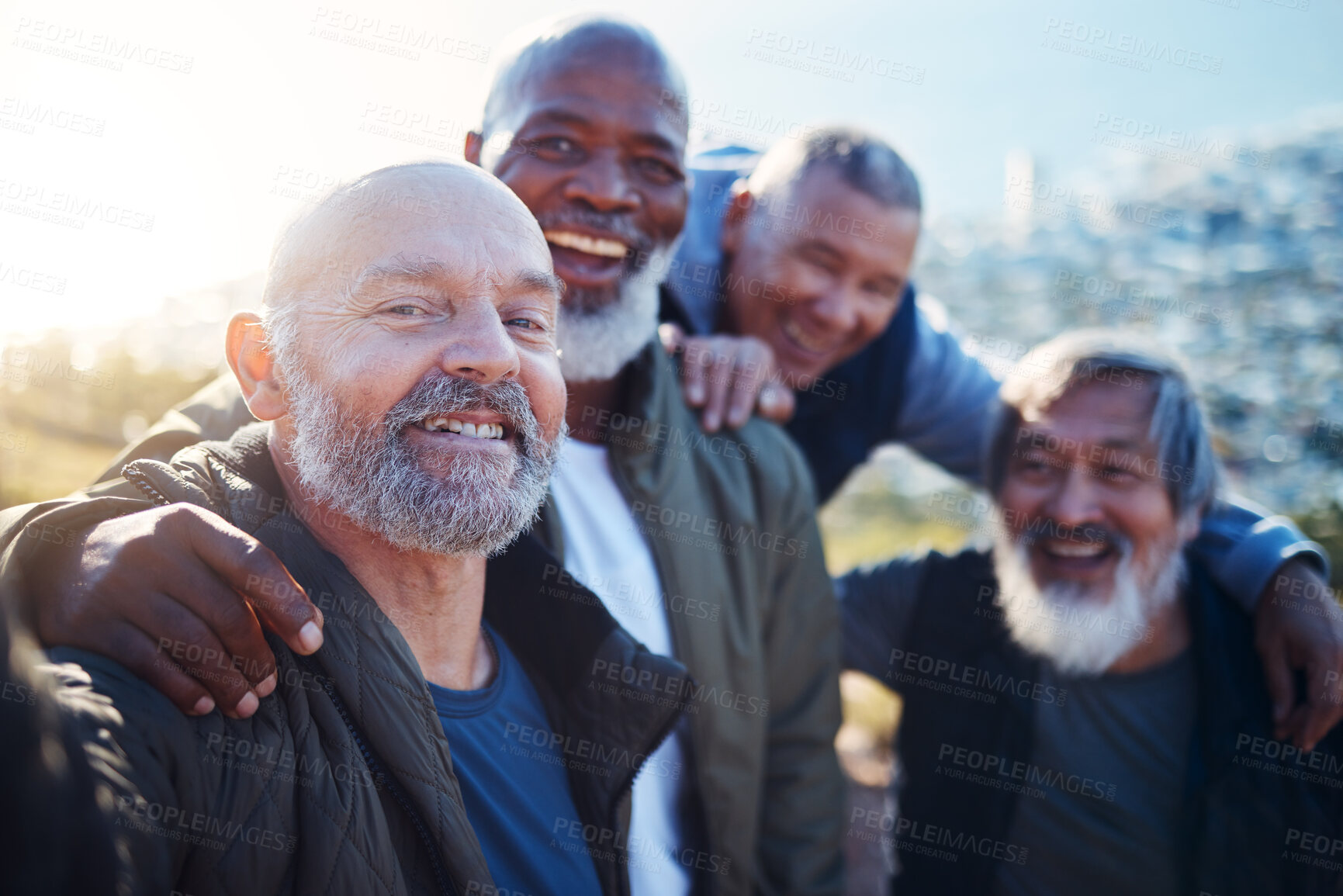Buy stock photo Senior hiking, selfie and nature walk of elderly men smile together in retirement. Friends, trekking adventure and happiness of old people outdoor for health, wellness and fitness on a journey